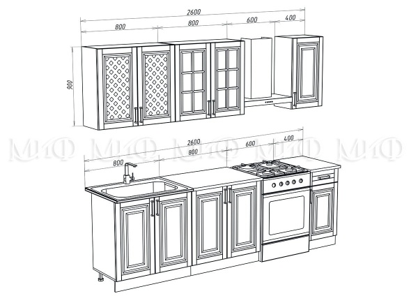 Кухонный Гарнитур Элит 2/900 МДФ 1600/1700/1800/2000 мм/Разные Цвета